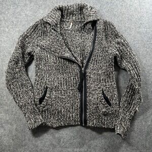 Free People Moto Cardigan Women M Black White Marled Asymmetrical‎ Zip Sweater
